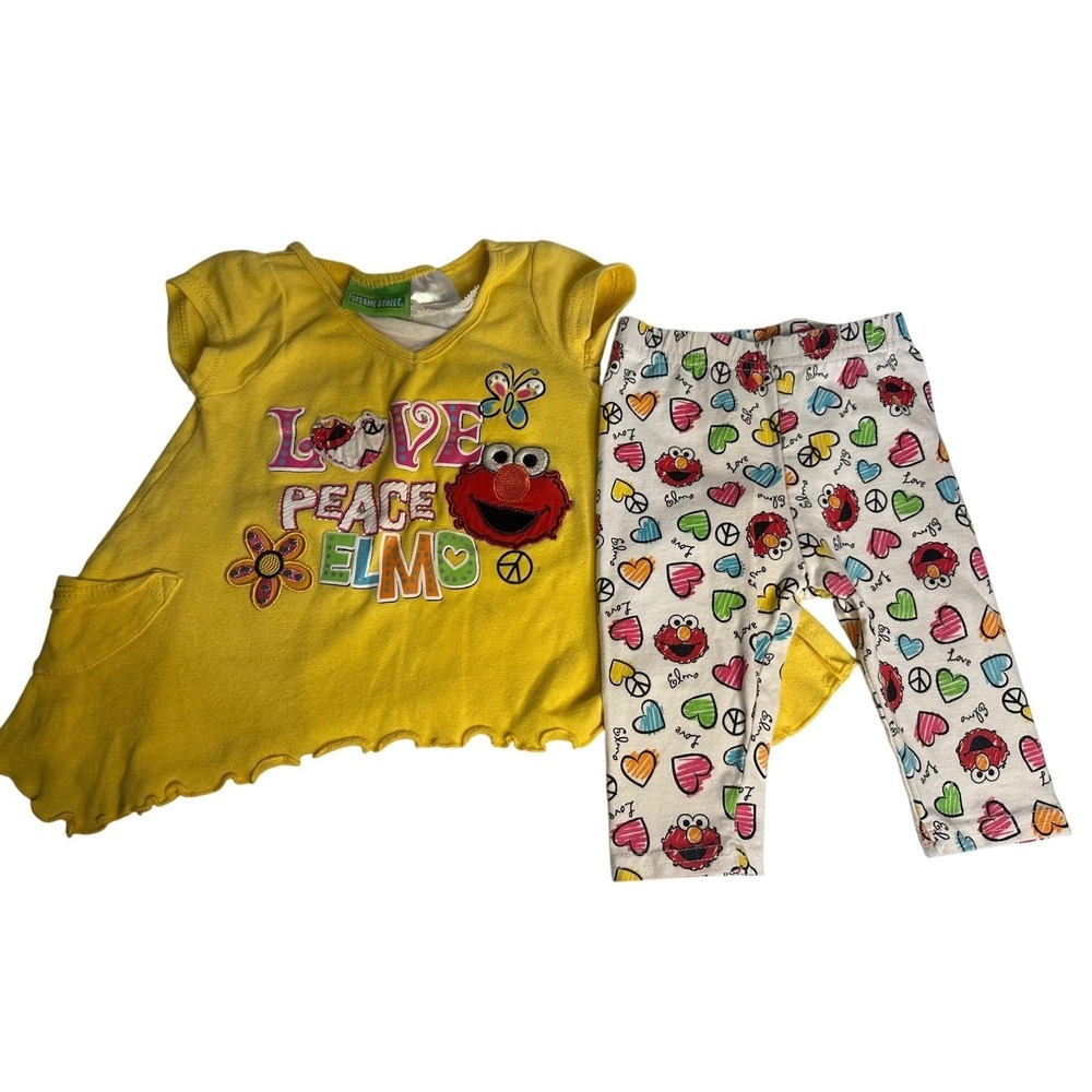 VTG Sesame Street T-Shirt Leggings Yellow Elmo Love Peace Heart Set 12M Baby